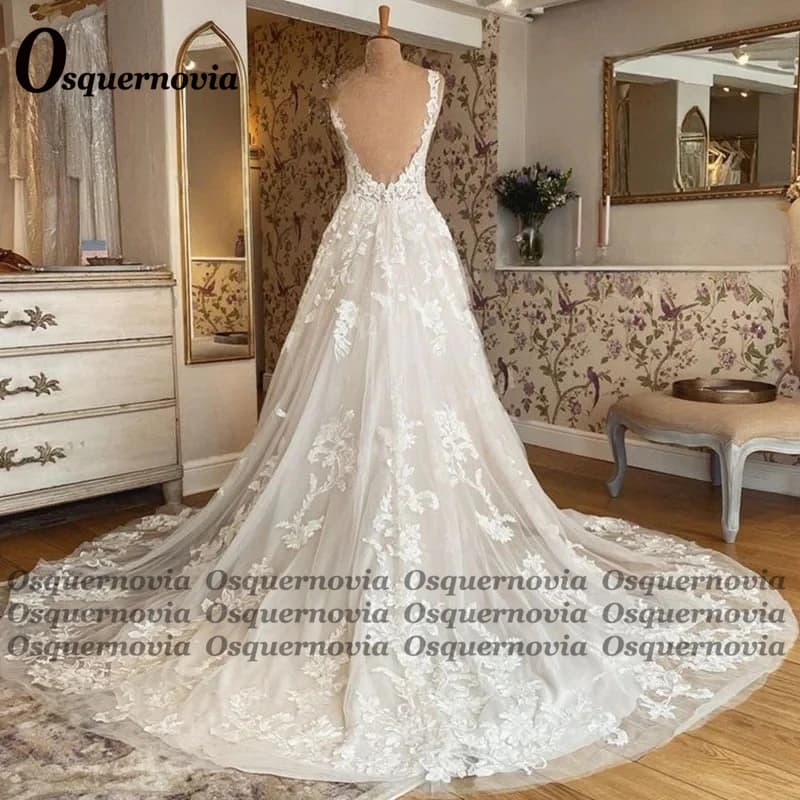 Osquernovia Atraktivní svatební šaty s odhalenými zády pro ženy, krajkové aplikace, skladané s výstřihem do V, na míru, plus velikost