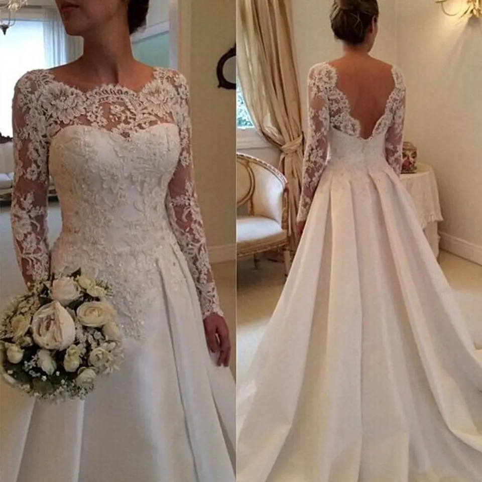 Elegantní svatební šaty bez zad 2020 Vintage roucho de mariée Krajkové saténové šaty pro nevěstu s dlouhým rukávem 2022 Robe De Mariee na zakázku
