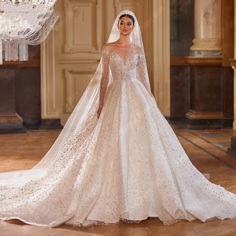 Luxusní dámské svatební šaty s výstřihem do V, světlé flitrované svatební šaty s dlouhým rukávem a výstřihem do V