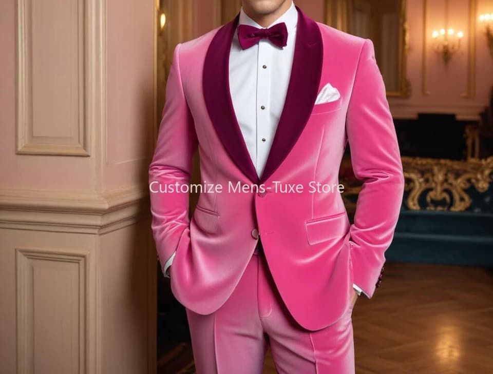 Pánský růžový sametový oblek, 2dílný slim fit, smoking, sako, kalhoty, formální svatební set