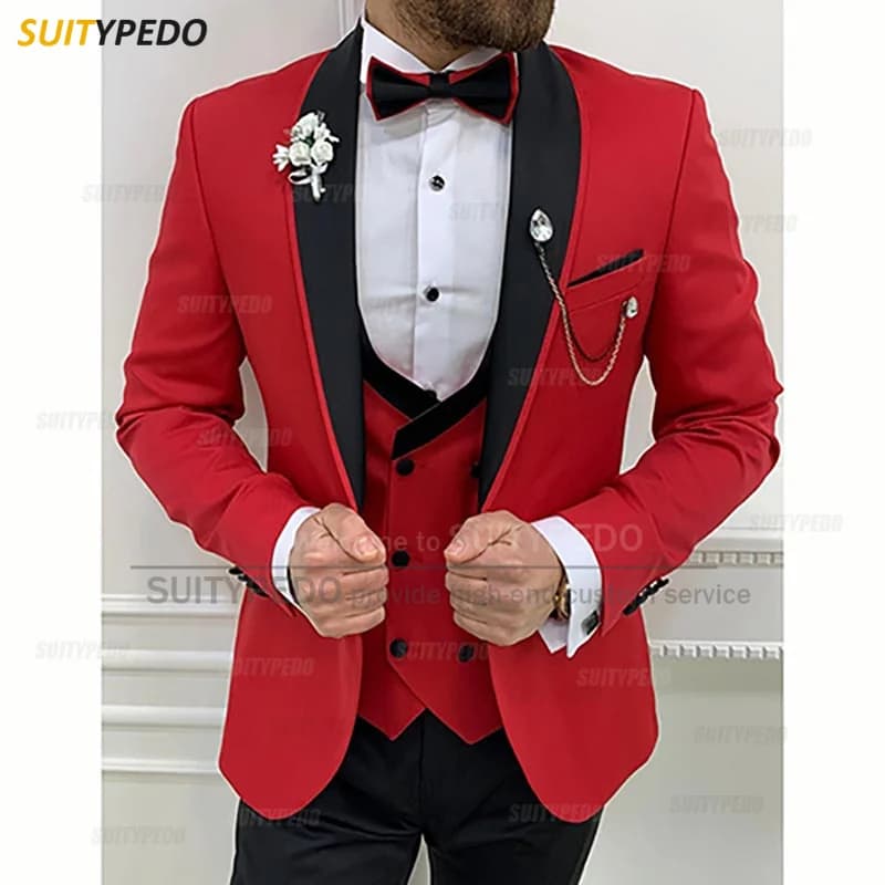 Pánský červený 3dílný oblek Slim Fit Formální Svatební Plesový Sako Vesta Kalhoty Set