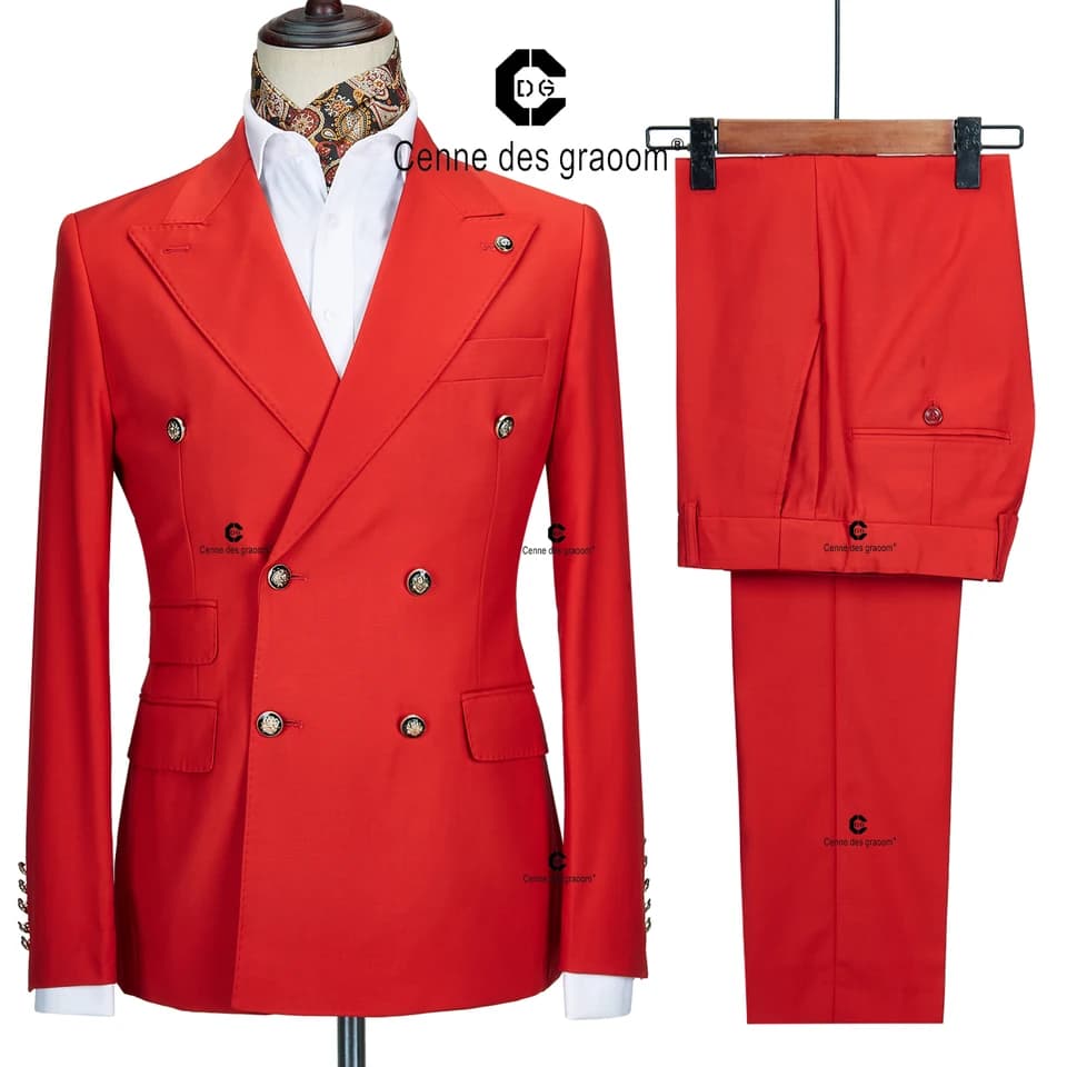 Pánský dvouřadý oblek - Slim Fit Svatební Párty Společenské oblečení Dvoudílný Červený Elegantní