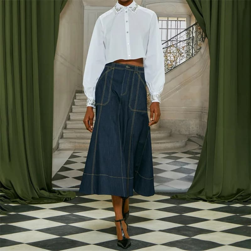 Dámská džínová sukně s vysokým pasem do áčka - vintage sepraná dlouhá slim fit poloviční sukně