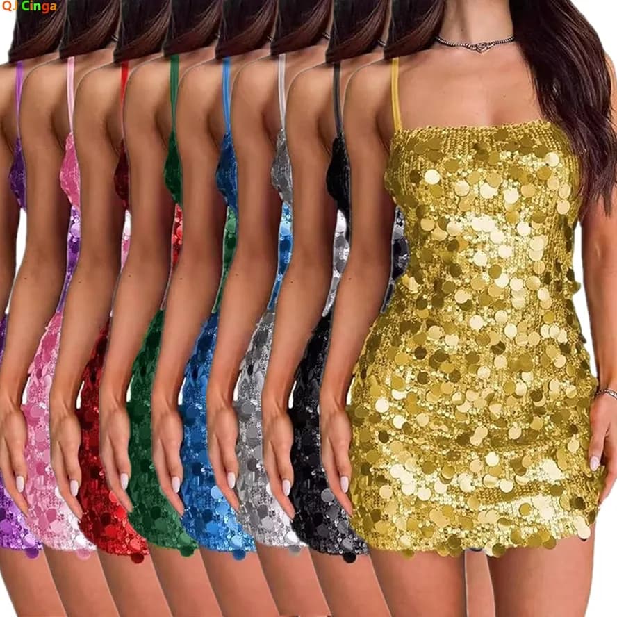 Zlaté flitrované přiléhavé šaty bez ramínek - sexy mini šaty s odhalenými zády pro ženy