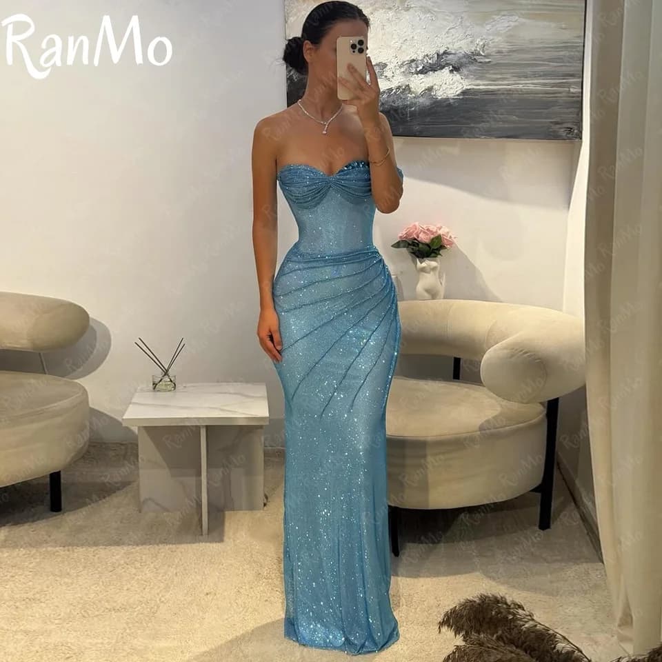 Sexy mořská panna večerní šaty s lesklou krajkou na zem, délka na ples, večírek...