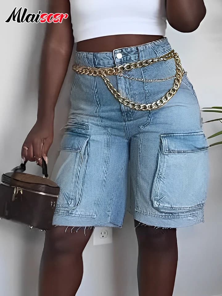 Dámské modré džínové cargo kraťasy ke kolenům, letní bermudy s kapsami, streetwear