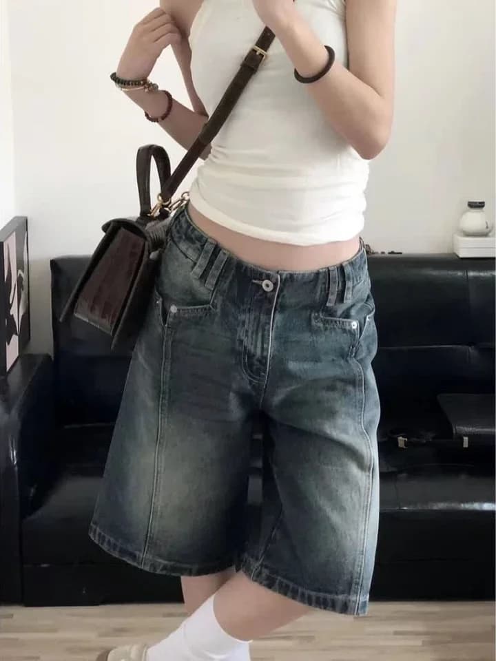 Y2K Vintage High Waist Denim Shorts Dámské Baggy Wide Leg Jorts Letní Streetwear Casual