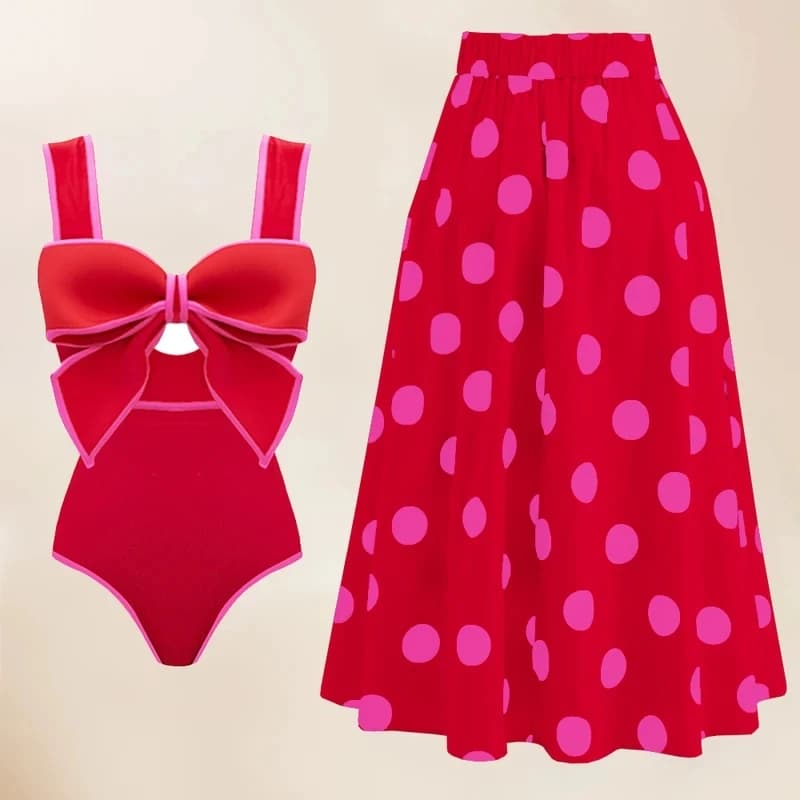 Červené retro jednodílné plavky s motýlkem a sukní - dámské plavky ve vintage stylu