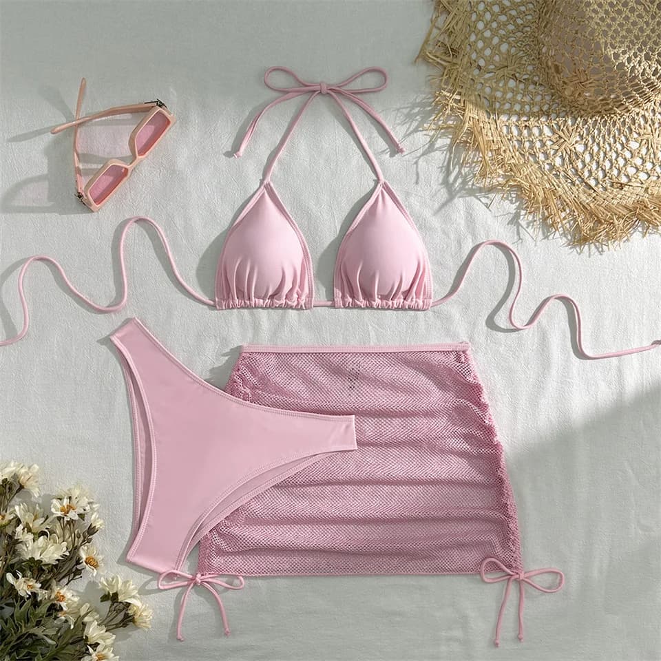 Dámský set bikin s push-up stringem a síťovanou sukní - Plážové plavky s odhaleným zády