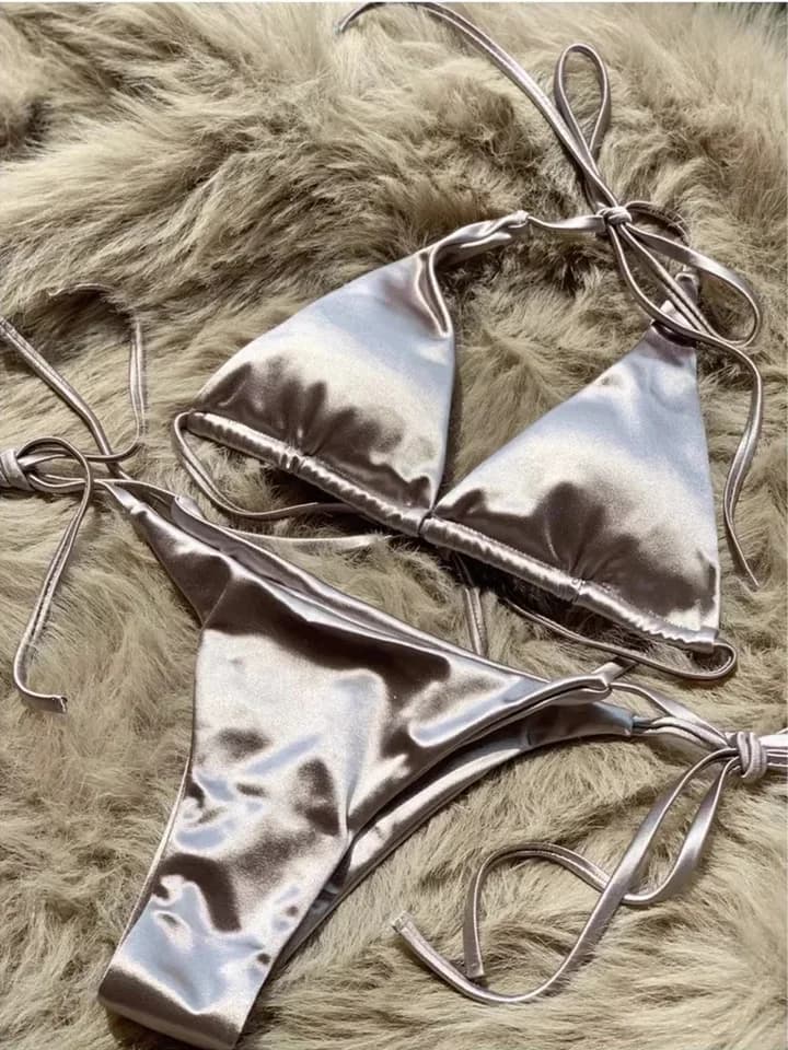 Metalické saténové zavinovací bikiny s ramínky - dvoudílné brazilské plavky pro ženy