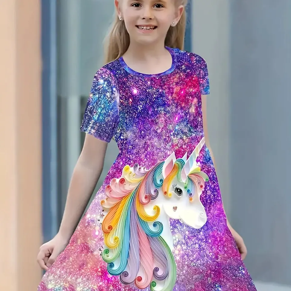 Girls Unicorn Print Short Sleeve Dress - Starry Round Neck Party Casual Summer Outfit