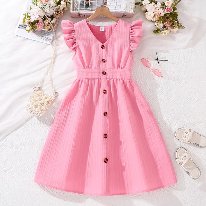 Girls Pink V-Neck Dress with Flutter Sleeves - Summer Casual Dress for Kids Ages 8-12 Years