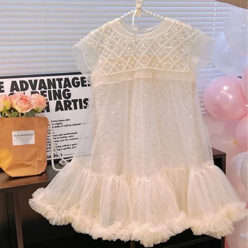 Girls Princess Dress Spring Summer Casual Korean Style Pearl Neck Yarn Fashion Kids Clothing