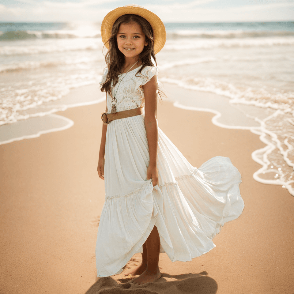 Girls Lace Bohemian Long Dress Princess Party Wedding Formal Dress Kids 3-14 Years