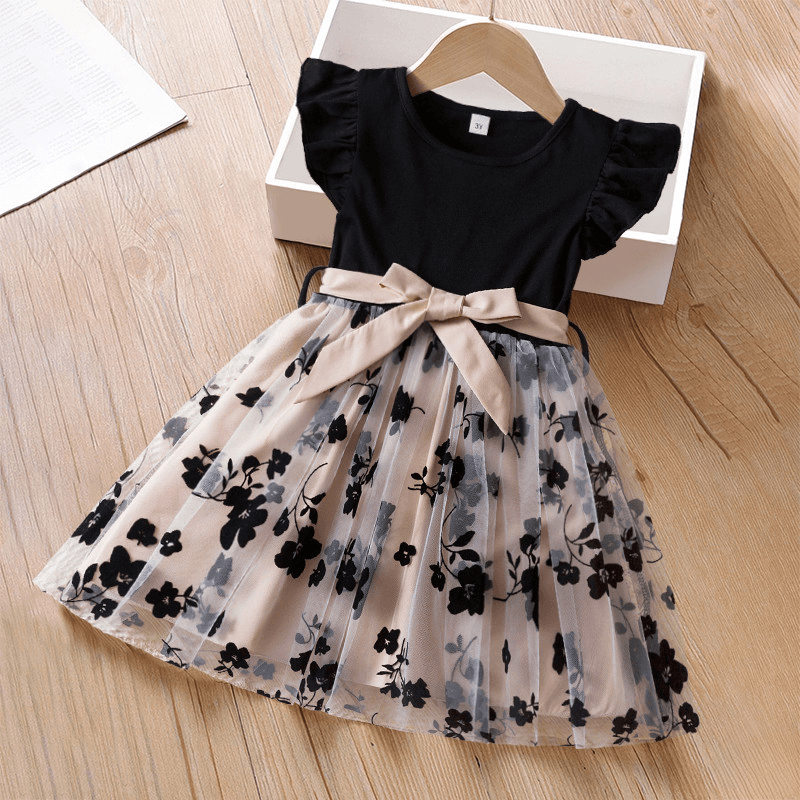 Girls Black Rose Floral Princess Dress Summer Tulle Ruffle Party Dress Ages 3-8 Birthday Outfit
