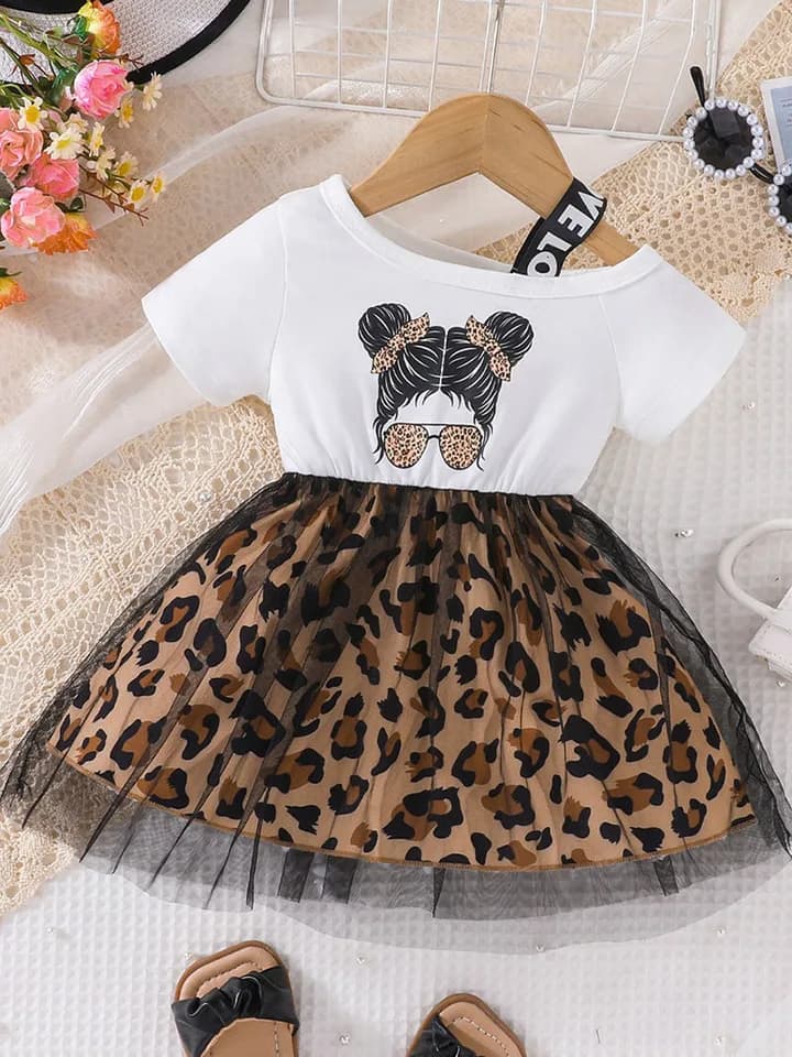 Girls Summer Dress Short Sleeve Leopard Print Mesh Patchwork Toddler Kids Outfit 1-5 Years