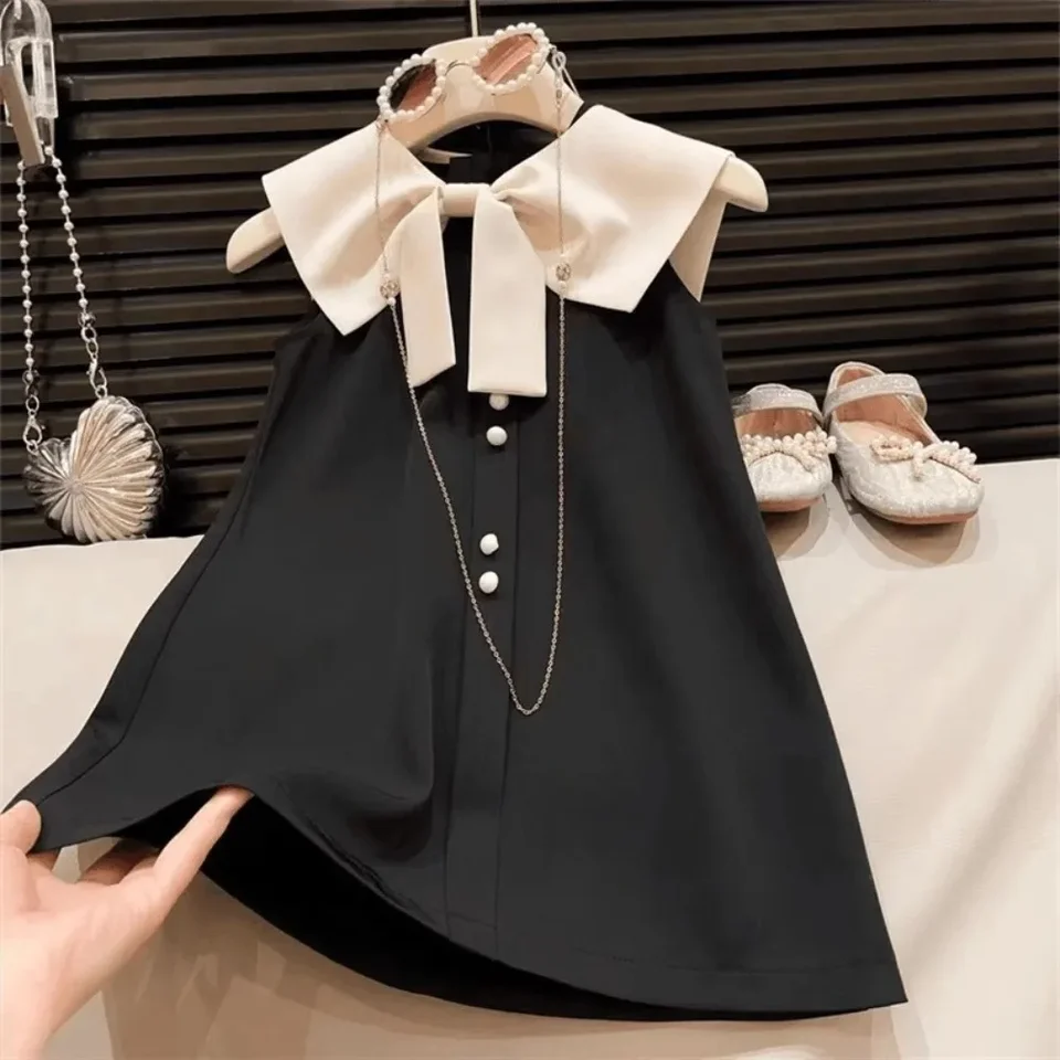 Black Sleeveless Girls Dress with Bow Summer Princess Party Dress Ages 2-7 Kids Clothing