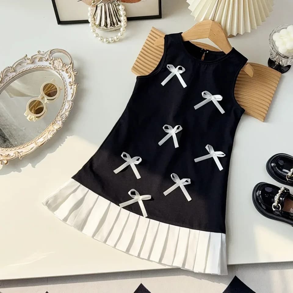 Girls Black Sleeveless Princess Dress with Bow - Summer Sweet Korean Style Kids Clothing