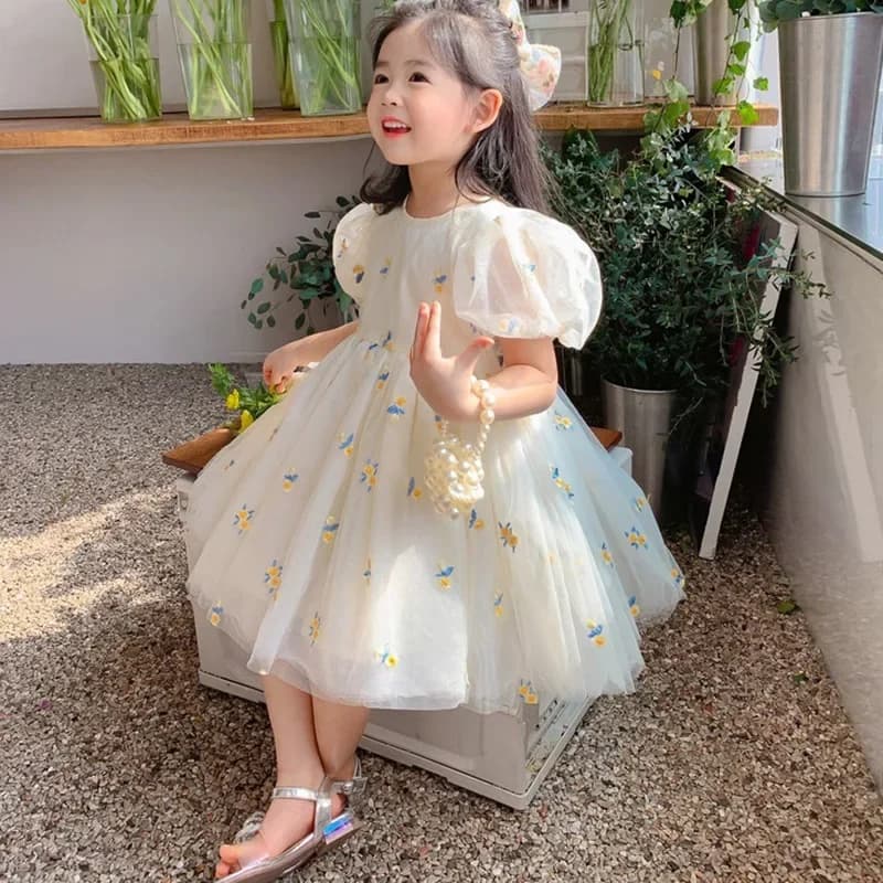Girls Summer Flower Dress Princess Puff Sleeve Mesh Dress Kids Cute Clothing Ages 1-6T