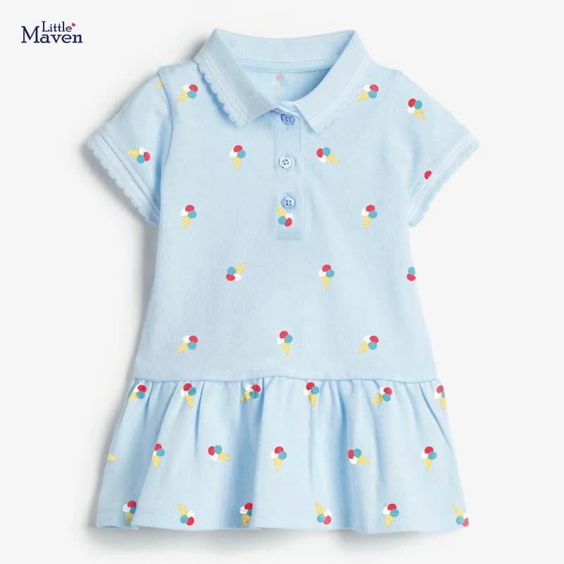 Girls Summer Ice Cream Dress - Casual Polo Style Kids Clothing Ages 2-7 Years Cotton Vestido