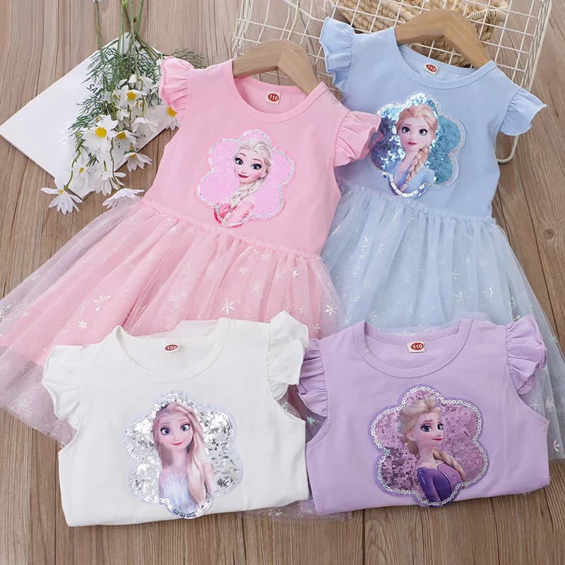 Girls Frozen Princess Dress Flying Sleeve Summer Party Dress Kids Costume Ages 3-10 Years