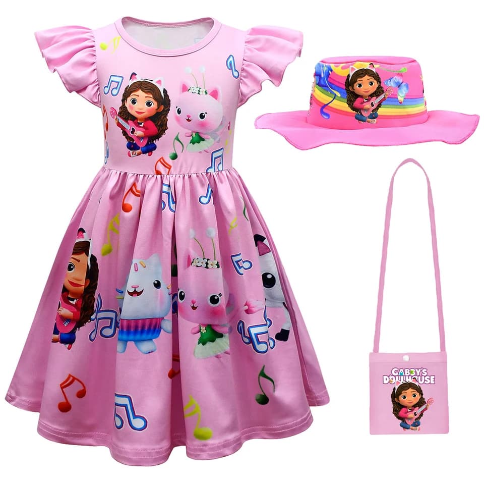 Kids Short Sleeve Party Dress with Hat & Bag Set - Toddler Girls Dollhouse Theme Outfit