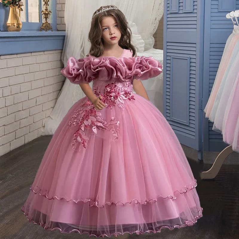 Girls Formal Party Dress Long Sleeve Mesh Embroidered Wedding Bridesmaid Gown Ages 4-13