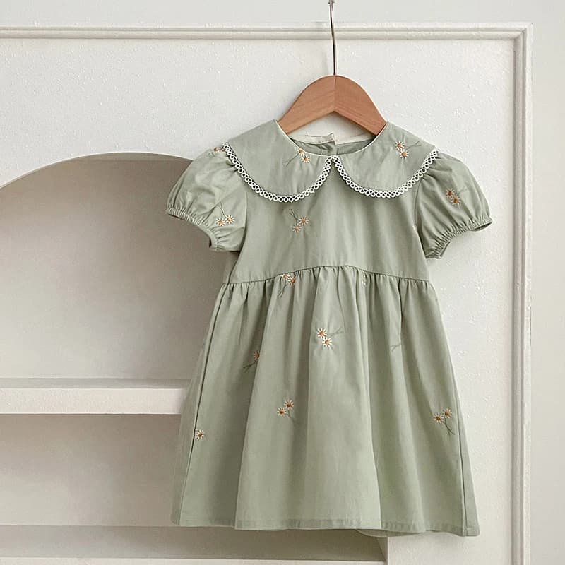 Girls Embroidered Daisy Summer Dress - Princess Birthday Party Puff Sleeve Kids Clothes