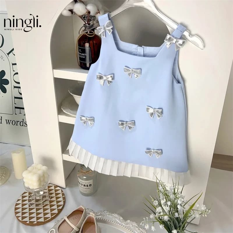 Girls Summer Sequin Dress with 3D Bow Square Collar Pleated Hem A-Line Casual Outfit