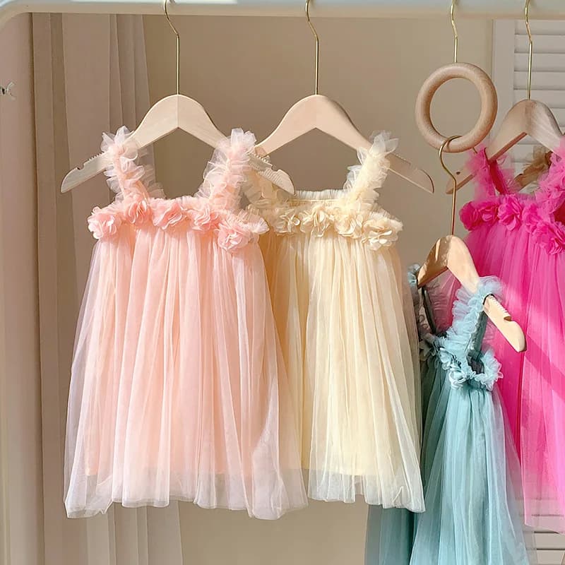 Girls Tutu Dress Summer Mesh Princess Dress with 3D Flowers Birthday Party Dress Ages 1-6T