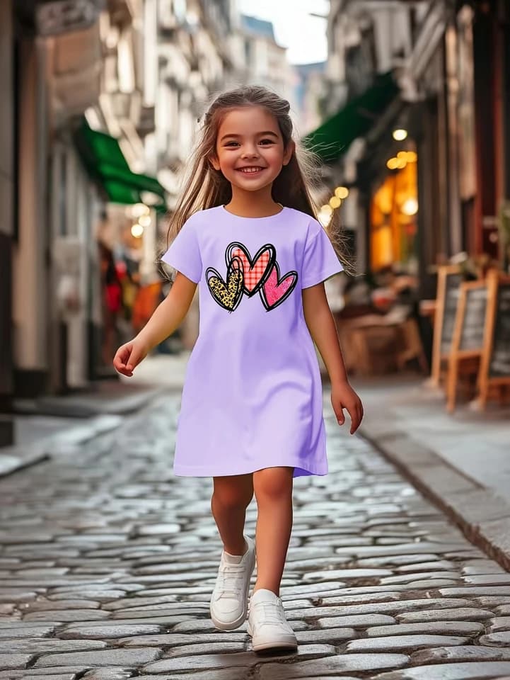 Girls Summer Jumpsuit Casual Love Print Breathable Elastic Polyester Dress Kids Fashion