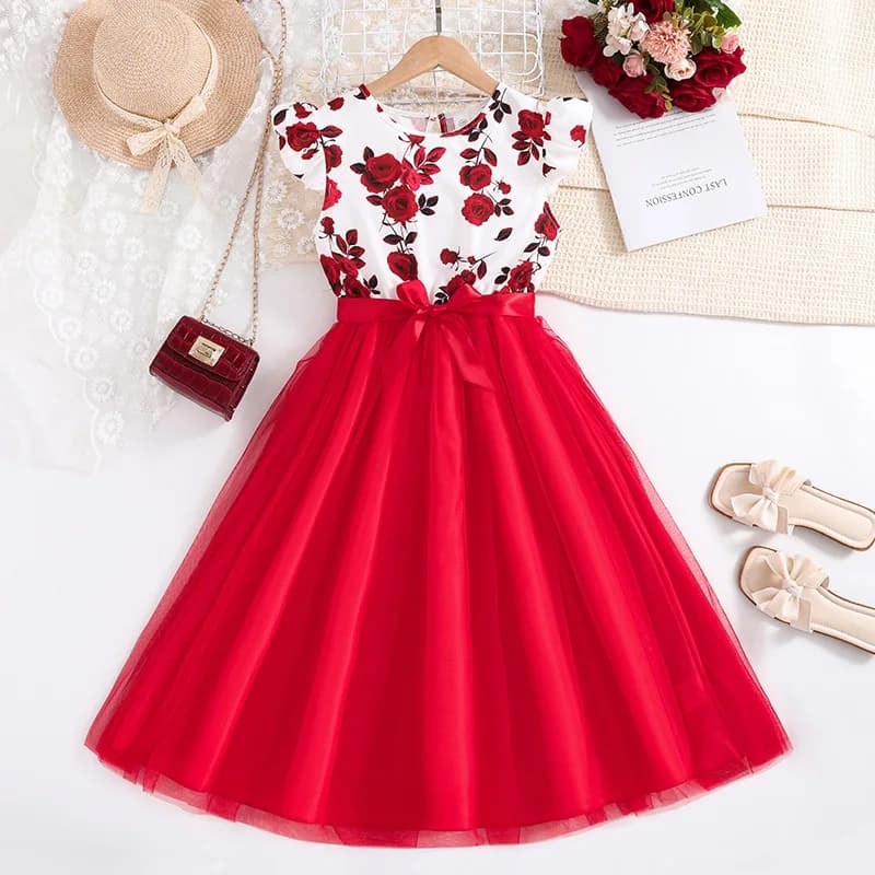 Girls Floral Princess Dress Set Age 8-12 Ruffled Sleeves Tulle Formal Party Dress with Belt