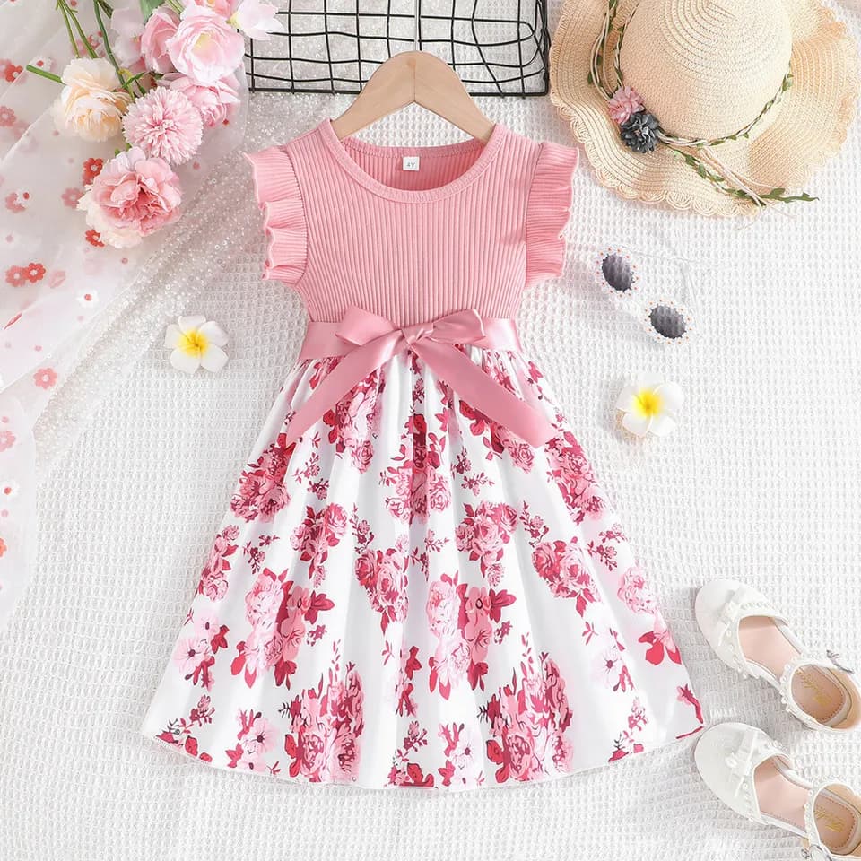 Girls Cotton Floral Princess Dress Sleeveless Ruffled Summer Dress Ages 4-7 Years