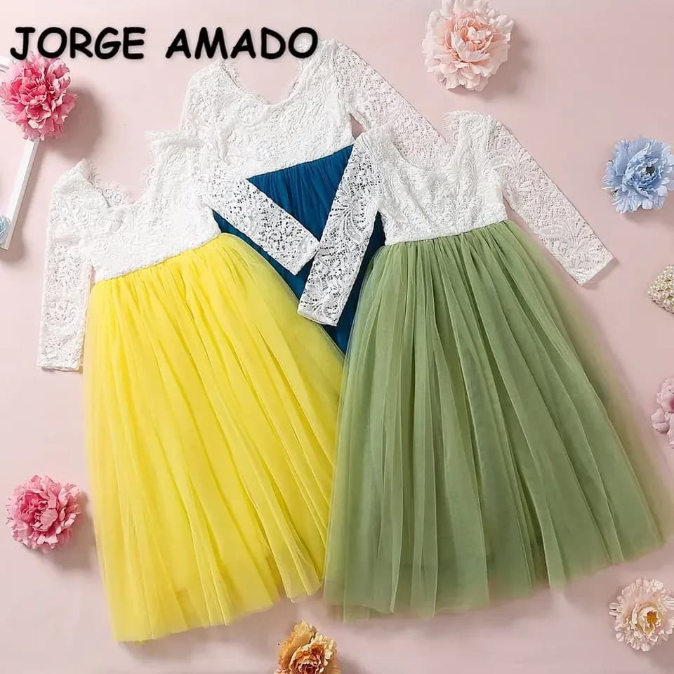 Dívčí bílé krajkové princeznovské šaty po kotníky, svatební, večírek, plážové, formální šaty pro děti