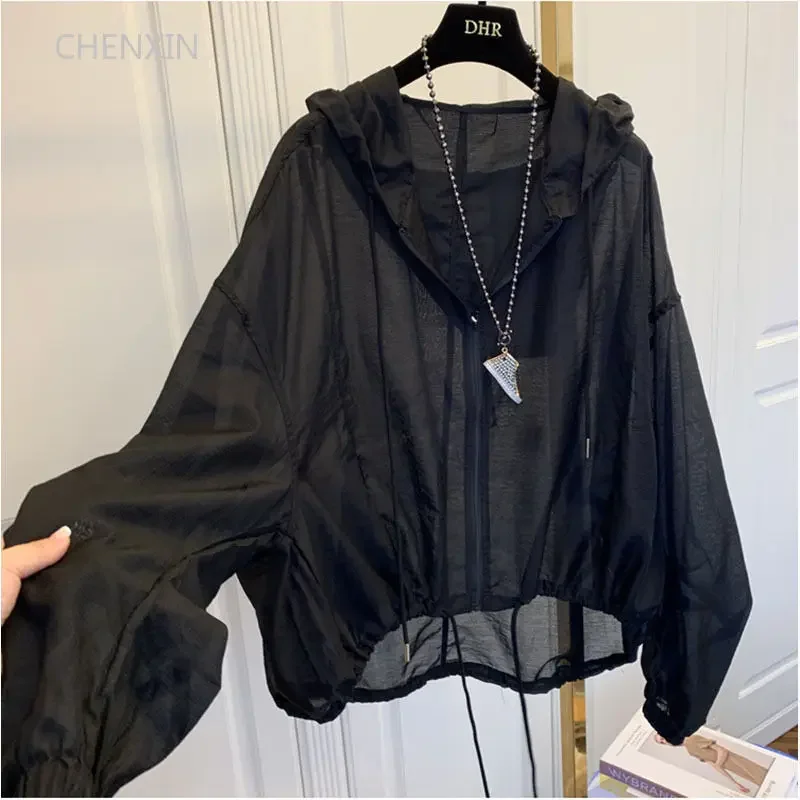Women's Lightweight Hooded Summer Jacket - Breathable Sun Protection Zip Coat Thin Loose Fit