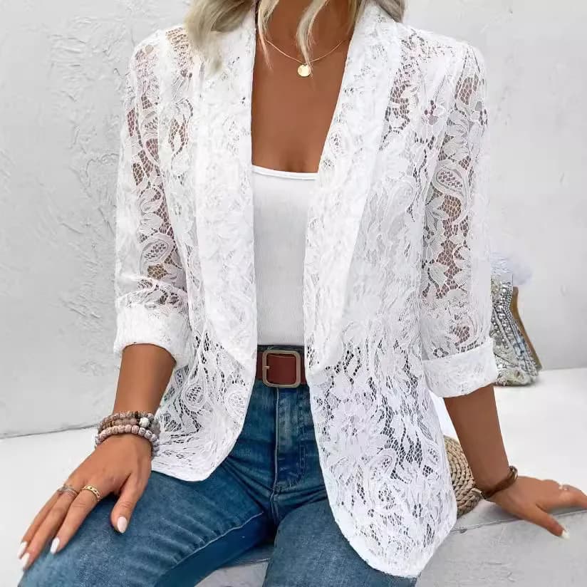 Women's White Lace Blazer Lightweight Summer Office Jacket Open Front Cardigan Coat