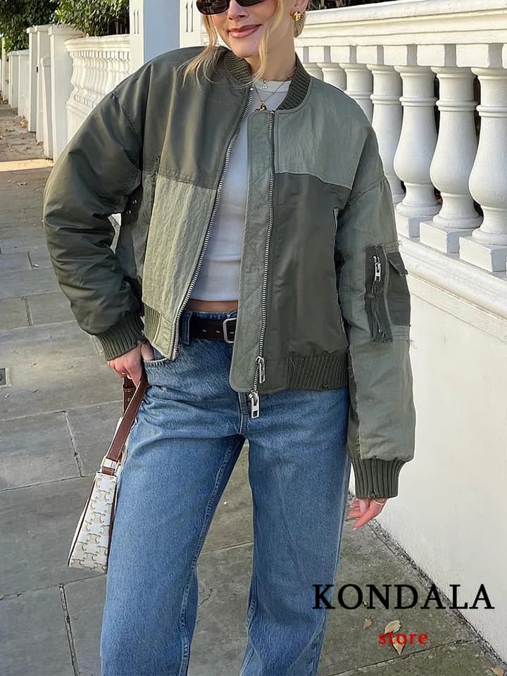 Dámská bomber bunda v armádní zelené barvě, nadměrná velikost, patchwork, zip, kapsy, streetwear, zimní kabát