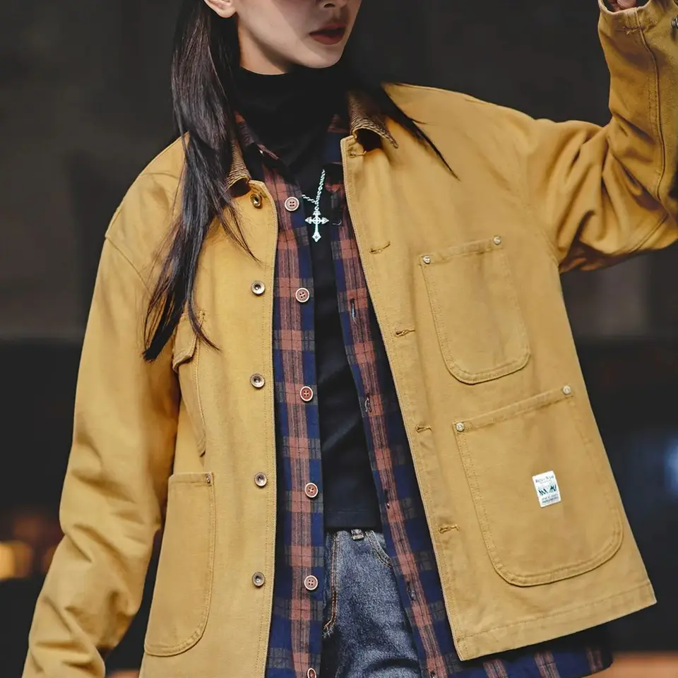 Dámská vintage bavlněná plátěná bunda s manšestrovou klopou a 4 kapsami, jarní kabát v klasickém stylu