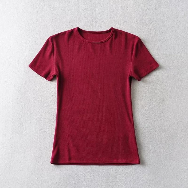 Dámský ležérní letní crop top - přiléhavý, s krátkým rukávem, výstřihem do O, základní tričko