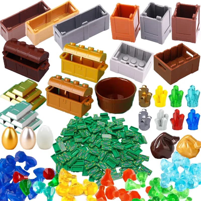 Stavební bloky Příslušenství Truhla s pokladem Zlato Stříbro Mince Hotovost Peníze DIY Město Stavební hračka Sada