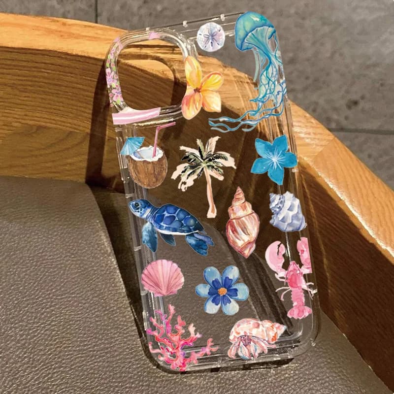 Průhledný kryt s potiskem želvy, humra a kokosu z měkkého TPU pro iPhone 16, 15, 14, 13, 12, 11 Pro Max Mini