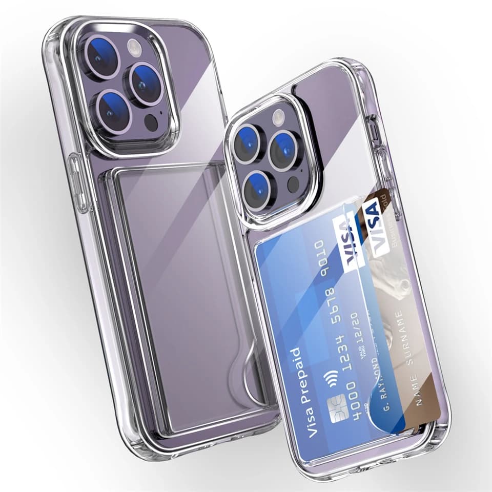 Průhledný kryt pro iPhone 16, 15, 14, 13, 12, 11, Pro Max XR s držákem karet a sloty pro peněženku