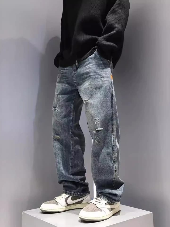 Pánské trhané džíny baggy rovné vintage modré denim kalhoty streetwear hip hop