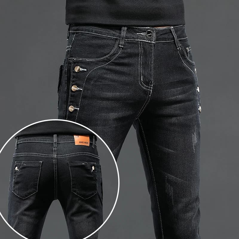 Pánské slim džíny černé skinny stretch s knoflíky streetwear denim kalhoty