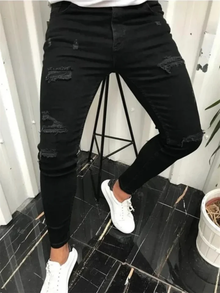 Pánské slim džíny s dírami - streetwear skinny kalhoty z bavlny s elastanem