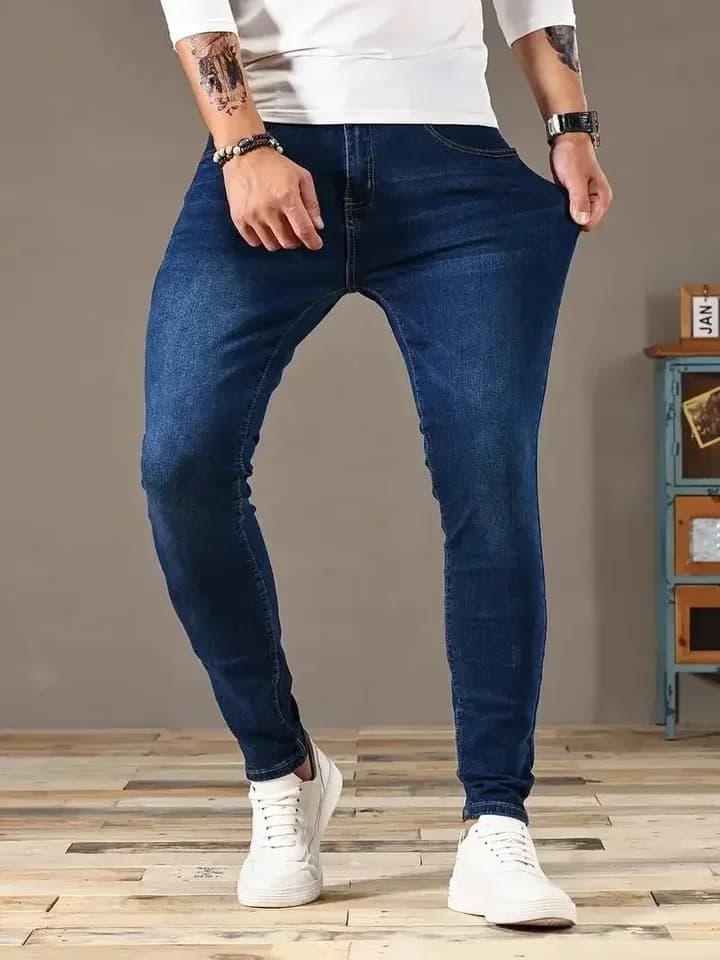 Pánské slim fit džíny modré úzké casual street style denim kalhoty jarní kolekce
