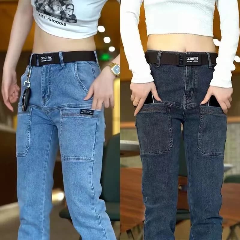 Pánské džíny s kapsami elastické rovné volné denim kalhoty střední pas casual