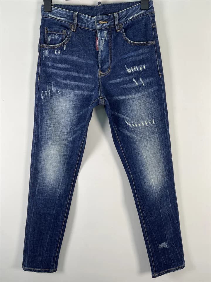 Pánské slim džíny s grafikami a děrami - modré vintage kalhoty s potřískaným vzhledem