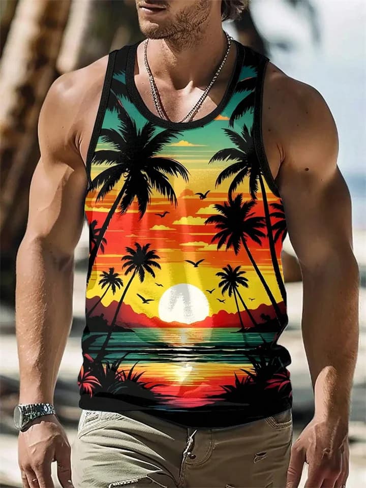 Pánské tílko na léto Hawaii styl rychleschnoucí hedvábí bez rukávů casual