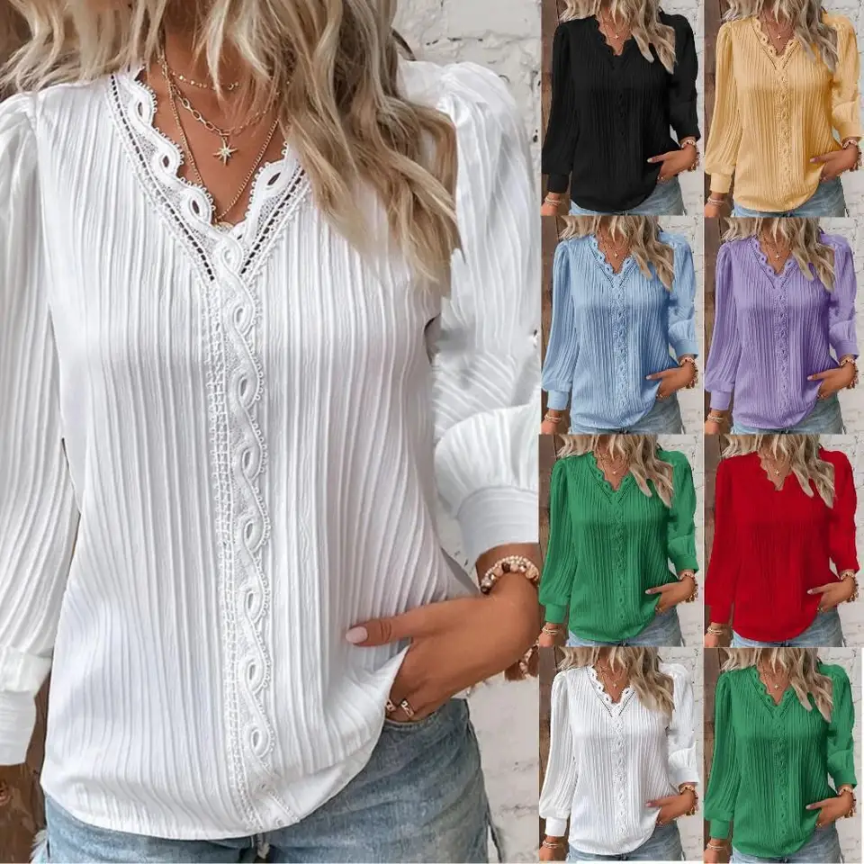 Dámská elegantní halenka s krajkou a V-výstřihem, dlouhý rukáv, podzimní top